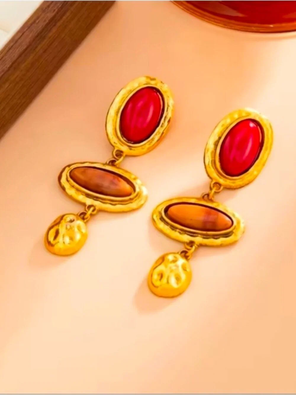 Gold Drop Earrings with Red and Brown Stones